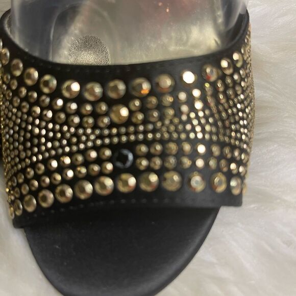 Steve Madden black satin fabric& gold tone studded ankle strap sandals SZ11 - Picture 10 of 13